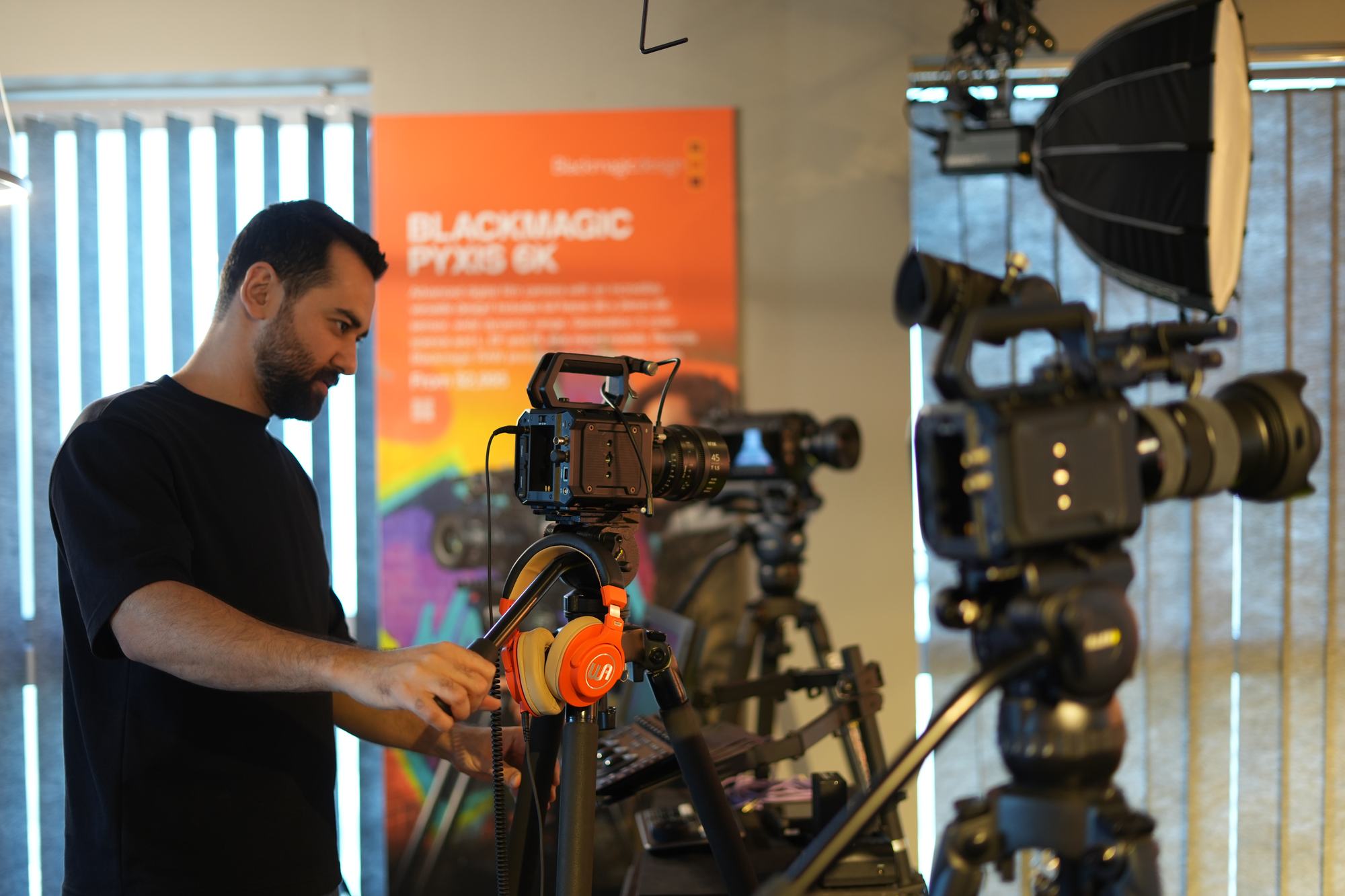 Cinema cameras built up on the MCX floor, rigged and ready beside the bench