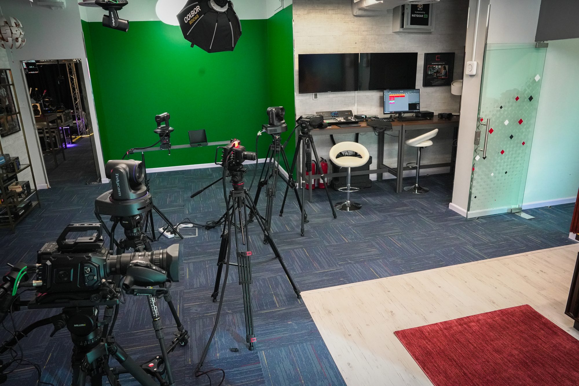 The green set at MCX with cameras rigged in front of it