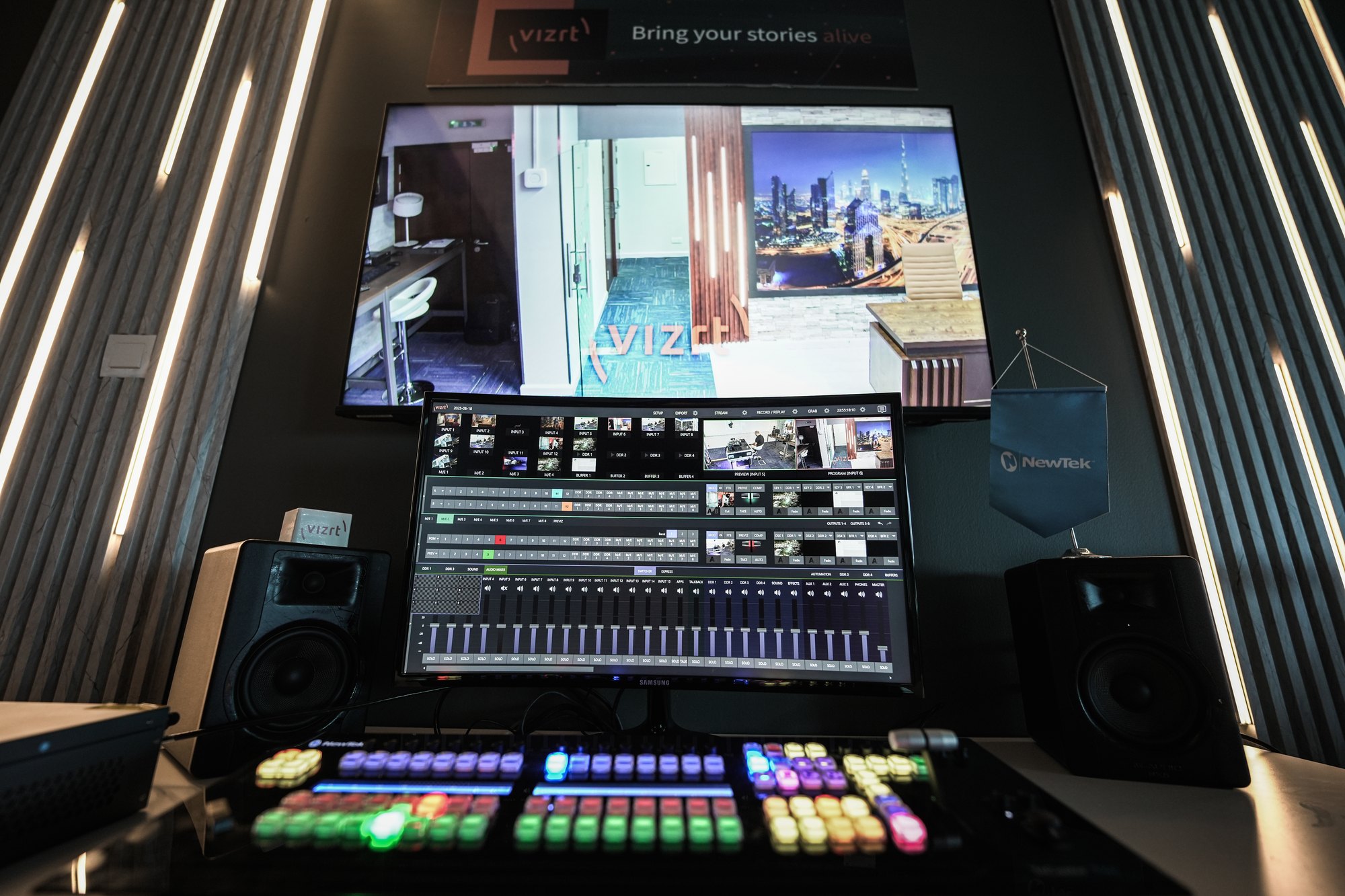 The switcher position at MCX, multiviewer above the desk