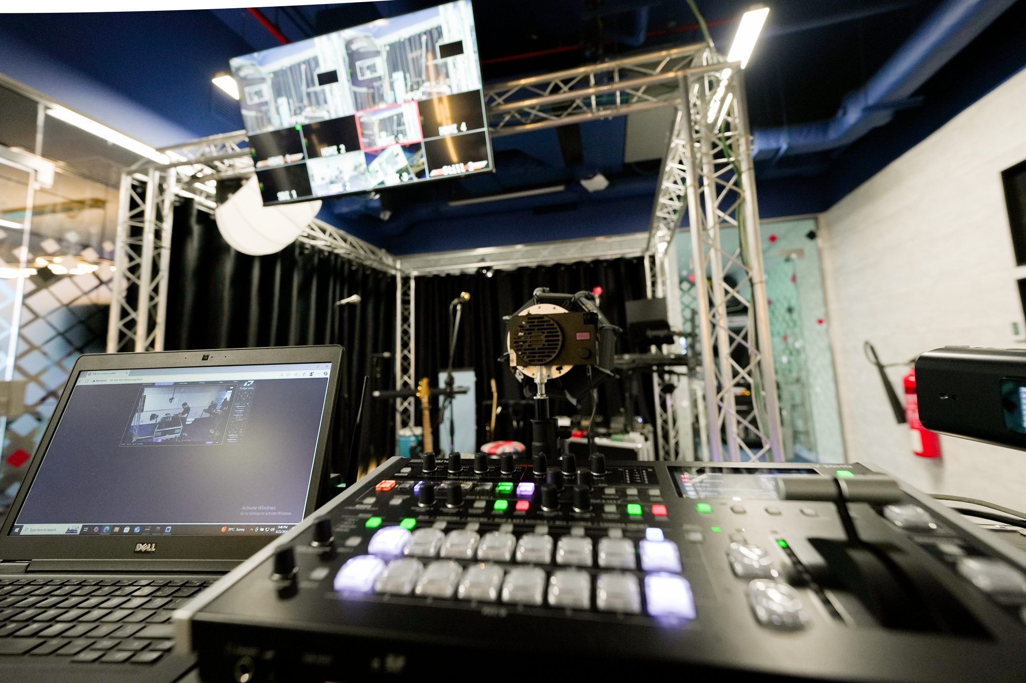 The MCX stage under the truss, rigged for a showcase
